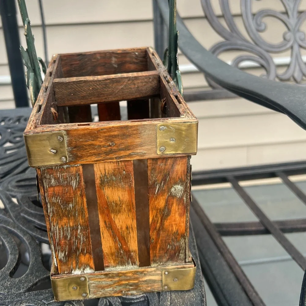 Vintage Rustic Wooden Wine Basket with Green Leaf Accents